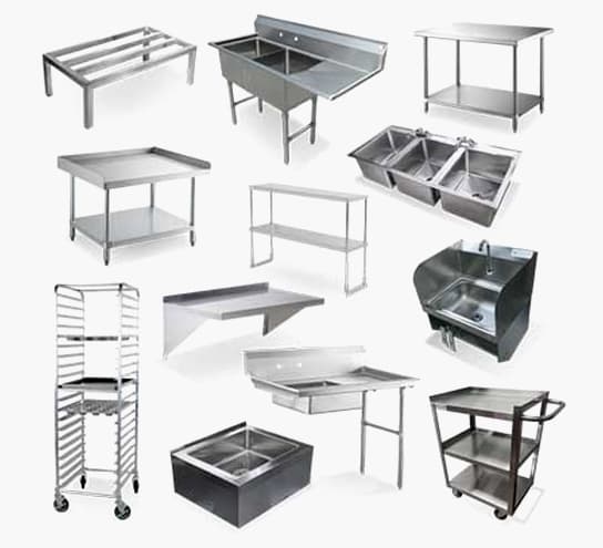 Stainless steel work tables, sinks, shelving and carts