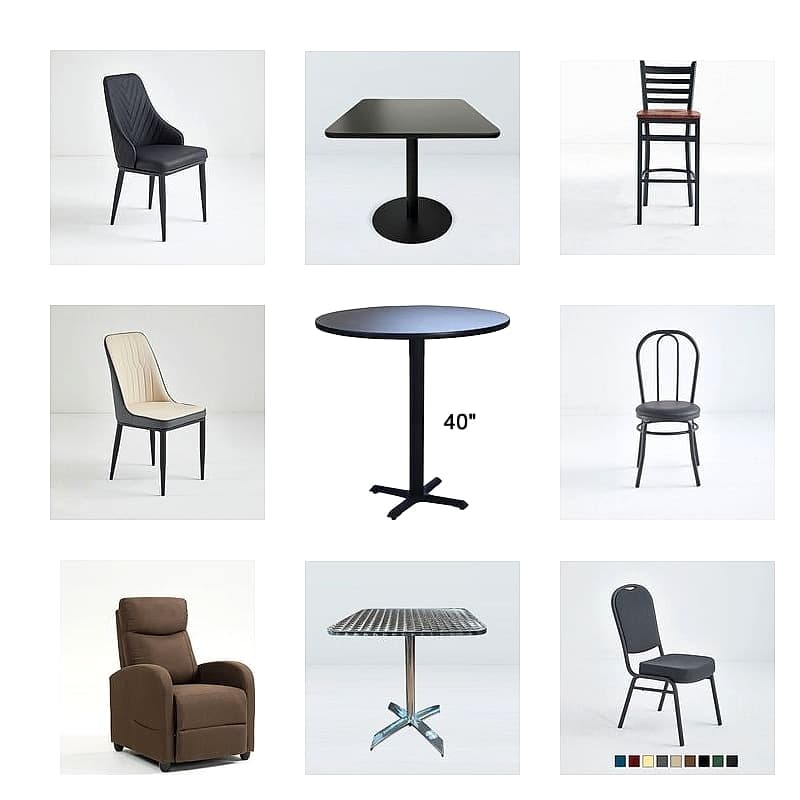 Restaurant dining tables, booths and chairs