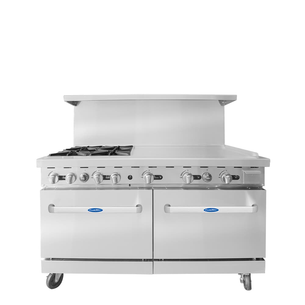 AGR-4B36GL — Cuisinière au gaz de 60″, (4) brûleurs de 32 000 BTU et plaque de 36″ à gauche, (2) fours de 26 1/2″, 4 grilles de four