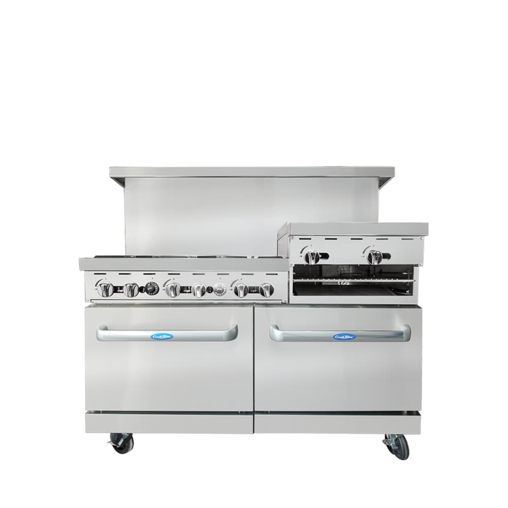 AGR-6B24GL — Cuisinière au gaz de 60″, (6) brûleurs de 32 000 BTU et plaque de 24″ à gauche, (2) fours de 26 1/2″, 4 grilles de four