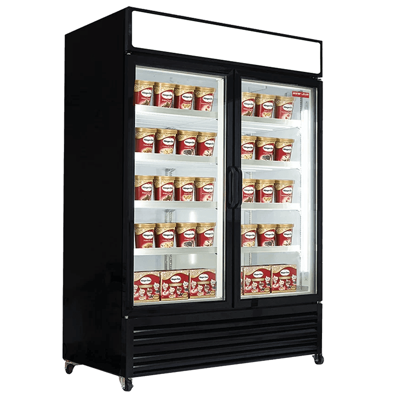 Glass door freezer with signage 55″