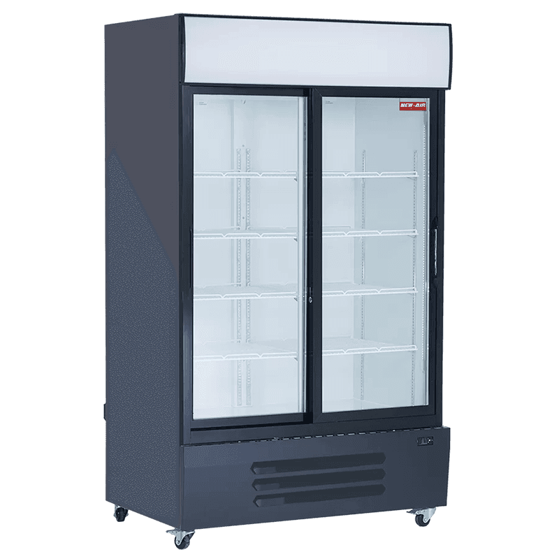 Sliding glass door refrigerator with signage 54″