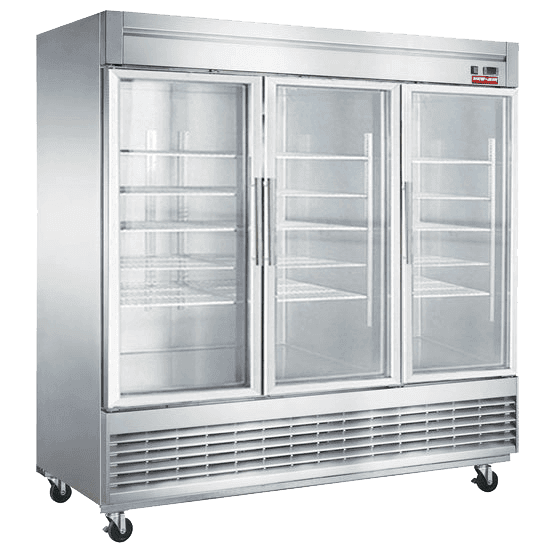 Réfrigérateur en inox avec porte vitrée de 83″