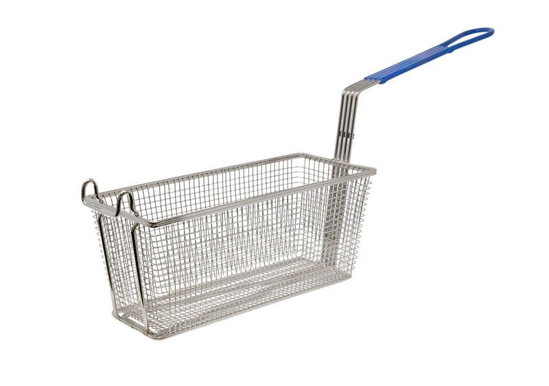 Omcan 11366 13 1/2″ x 5 1/2″ x 5 1/2″ Nickel-Plated Iron Fryer Basket with Blue Handle
