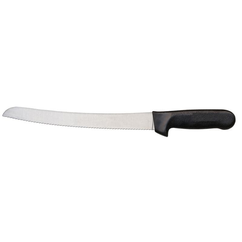 Omcan 12821 10" Slicer Curved Narrow Serrated Knife with Black Polypropylene Handle