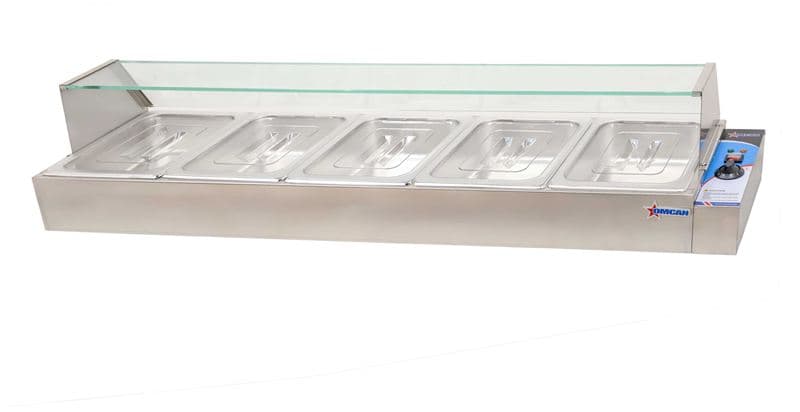 Omcan 43055 Bain-marie de 57″ avec 5 bacs demi-format – 1,8 kW, 110 V/60 Hz/monophasé