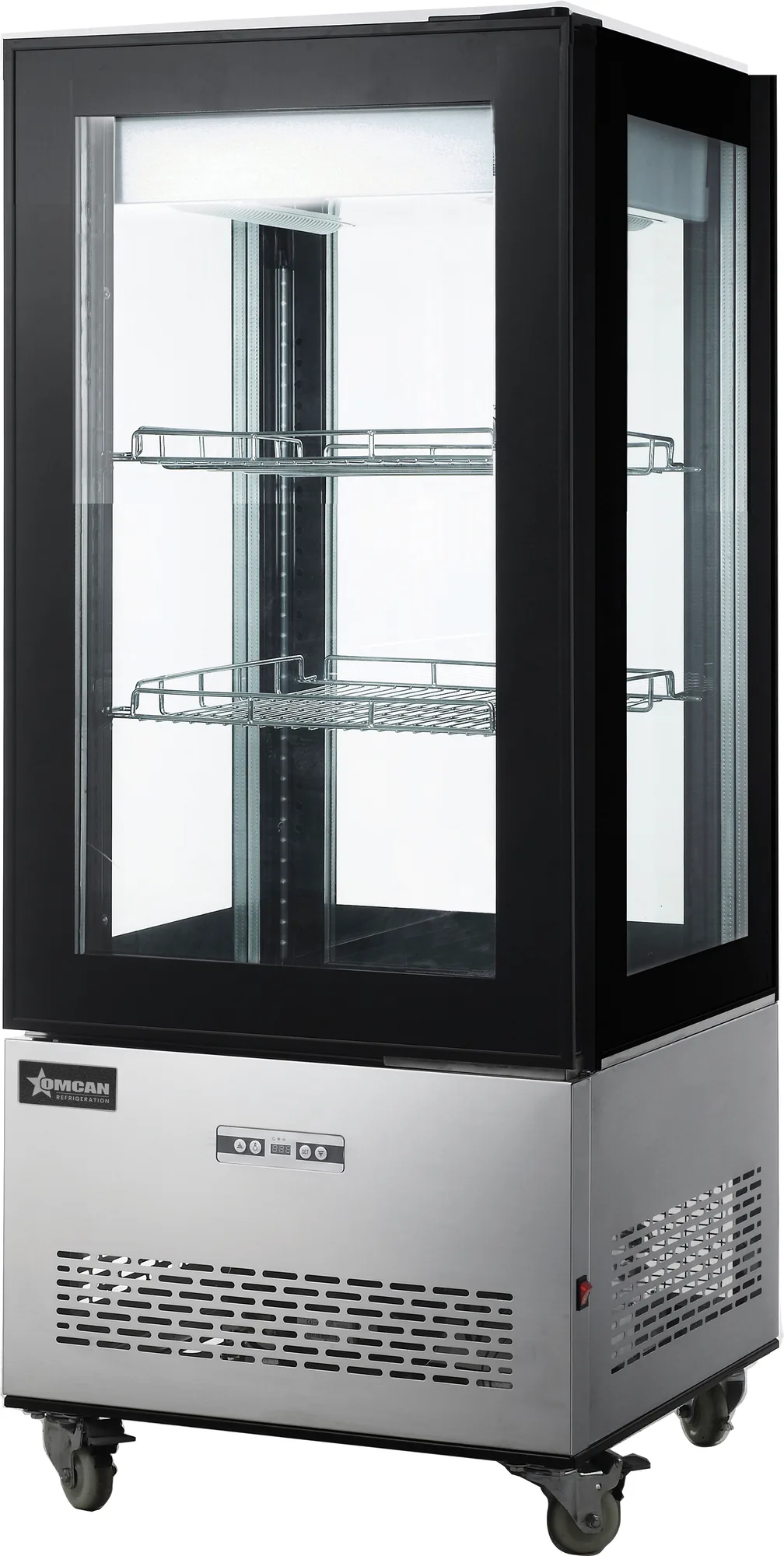 Omcan 44471 26″ Two (2) Shelf Refrigerated Display Case with Four-Sided Glass 59″ Tall, 9.53 cu.ft. (270 Liter), Stainless Steel