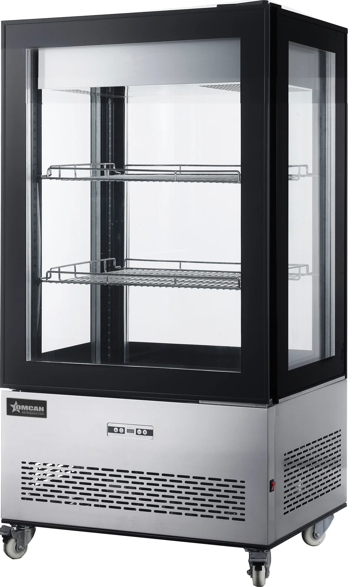 Omcan 44472 33″ Two (2) Shelf Refrigerated Display Case with Four-Sided Glass 59″ Tall, 12.36 cu.ft. (350 L), Stainless Steel