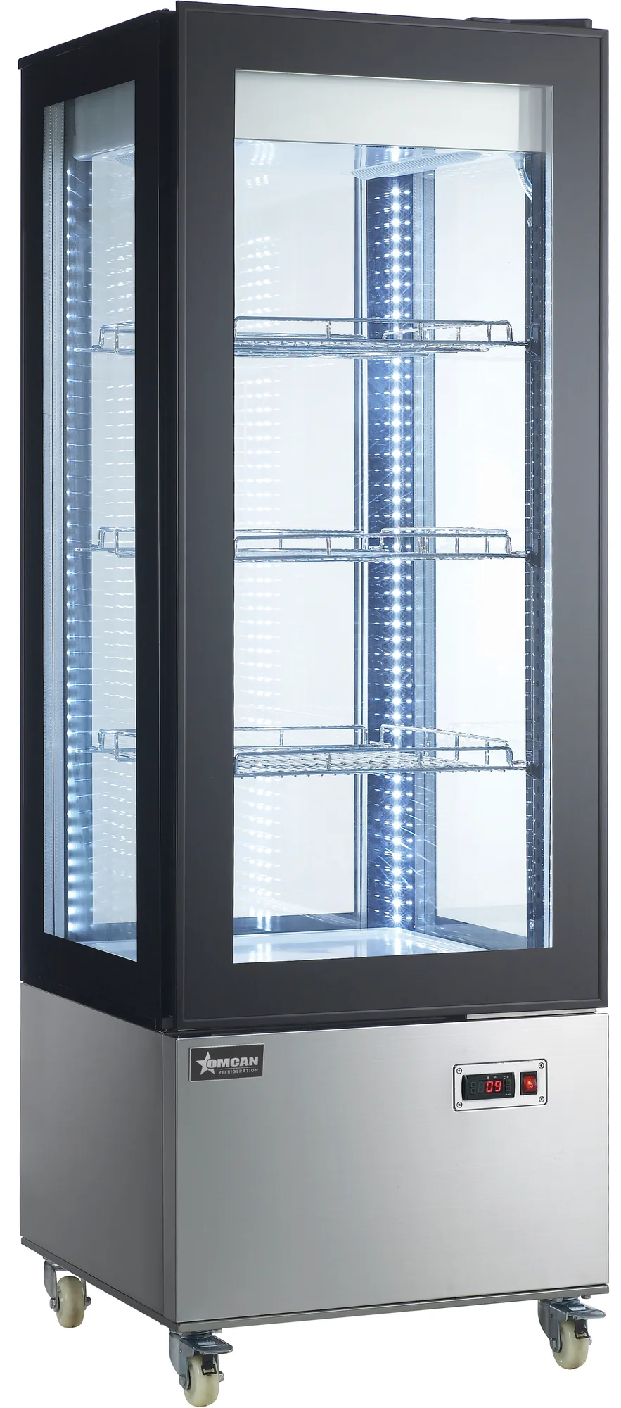 Omcan 44473 Vitrine réfrigérée de 26″ à trois (3) tablettes, vitrée sur quatre côtés, hauteur de 75″, 14,14 pi³ (400 L), acier inoxydable