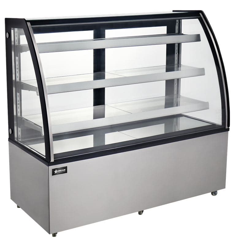 Omcan 44504 72″ Three (3) Shelf Curved Glass Floor Refrigerated Showcase, 22.95 cu.ft (650 Liter), Stainless steel