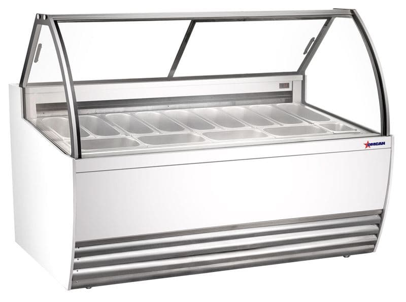 Omcan 47572 Vitrine à gelato de 69,5″ à treize (13) bacs avec pare-haleine plat (extérieur blanc)