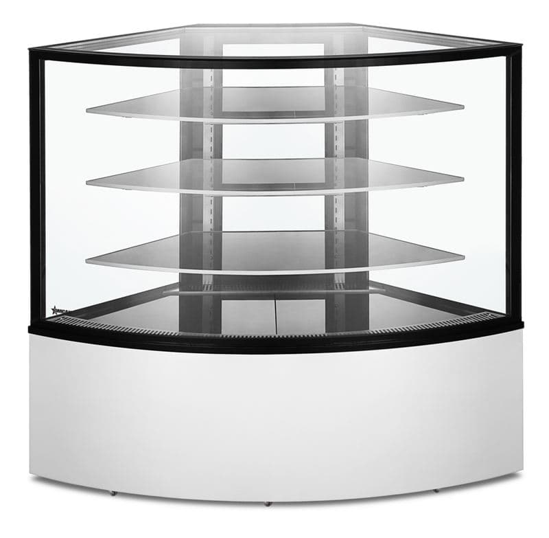 Omcan 47708 Vitrine réfrigérée d’angle sur pied de 59″ à trois (3) tablettes, 16,8 pi³ (475 L), acier inoxydable