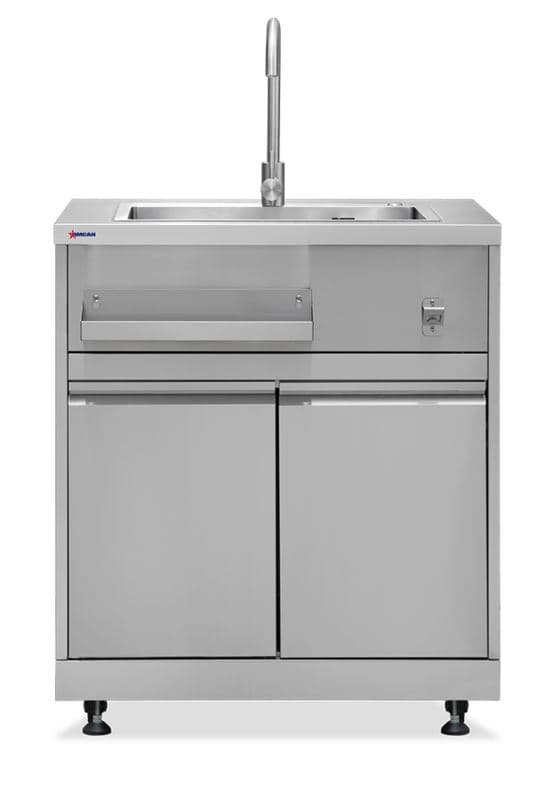 Omcan 47961 Meuble-lavabo en acier inoxydable de 32″ avec robinet, tuyau d’eau, rangement à 2 portes et plateau de rangement