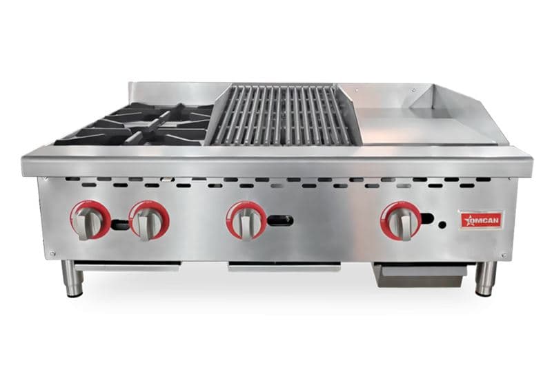 Omcan 48086 Combiné au gaz de comptoir de 36″ : plaque chauffante, gril à charbon et plaque de cuisson – 115 000 BTU, gaz naturel