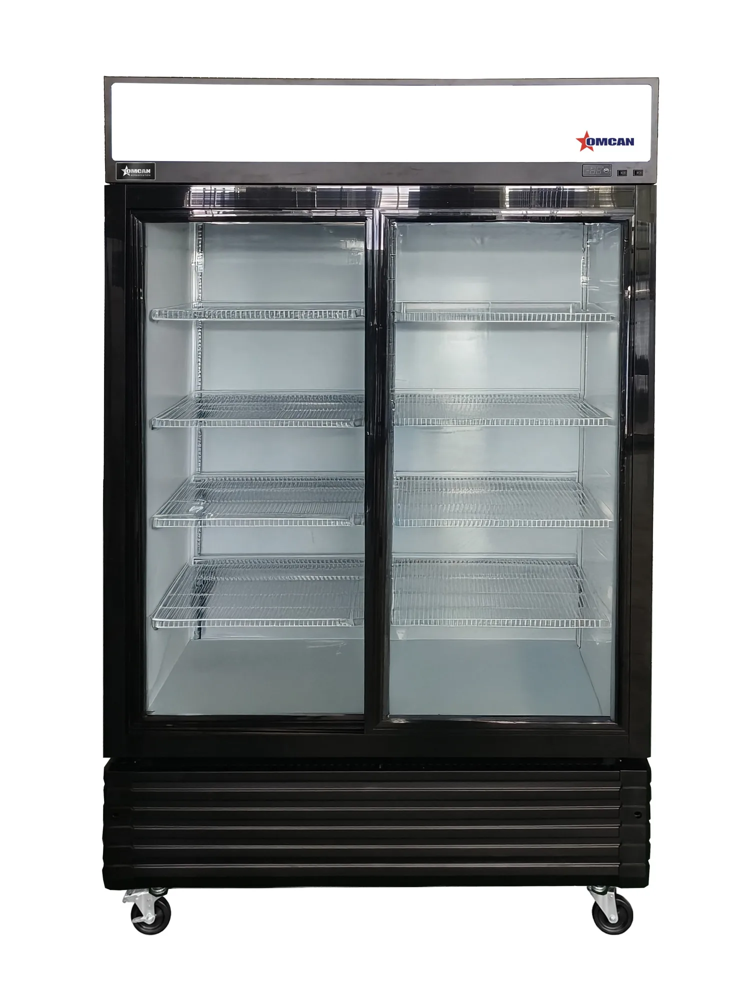 Omcan 48664 Réfrigérateur de 47″ à deux (2) portes vitrées coulissantes, 29,5 pi³ (835 L), noir, 115 V / 60 Hz / monophasé