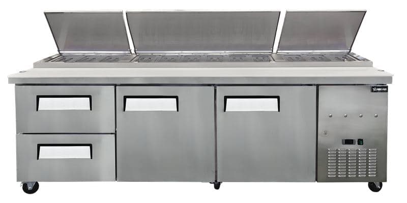 Omcan 49299 94” Two (2) Door Refrigerated Pizza Prep Table with Drawers, 32 cu.ft. (906 L), Stainless Steel