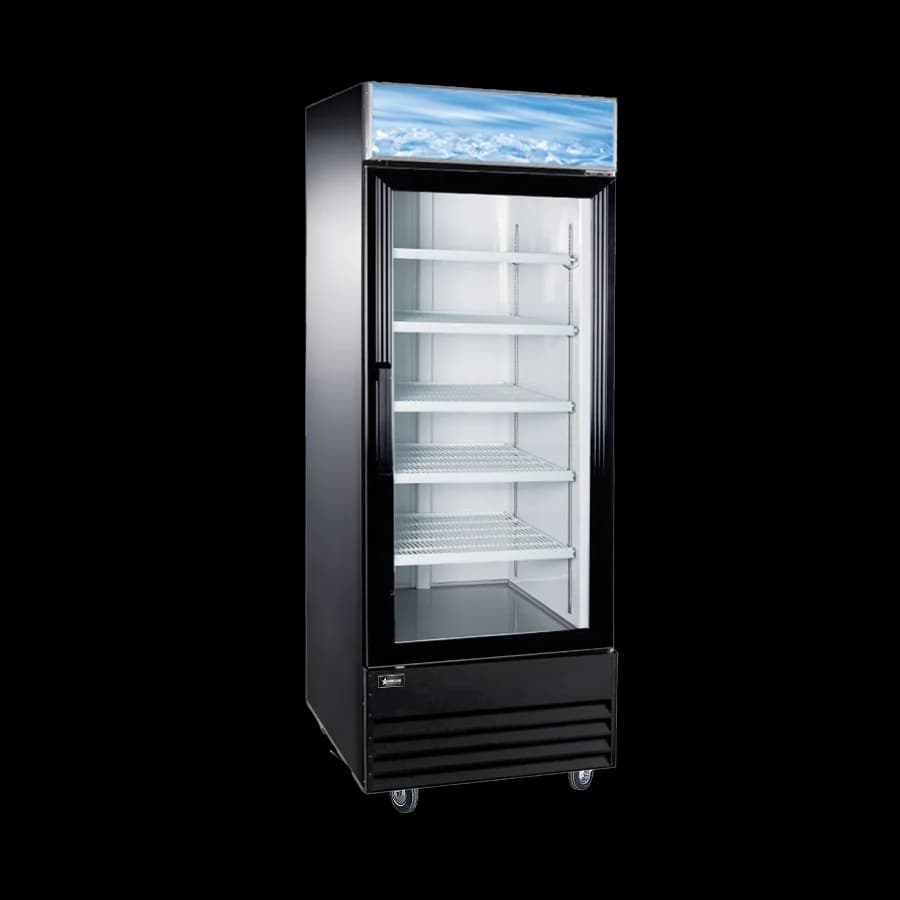 Omcan 50037 Réfrigérateur vitrine de 28″ à une (1) porte vitrée avec caisson lumineux, 23 pi³ (648 L), noir
