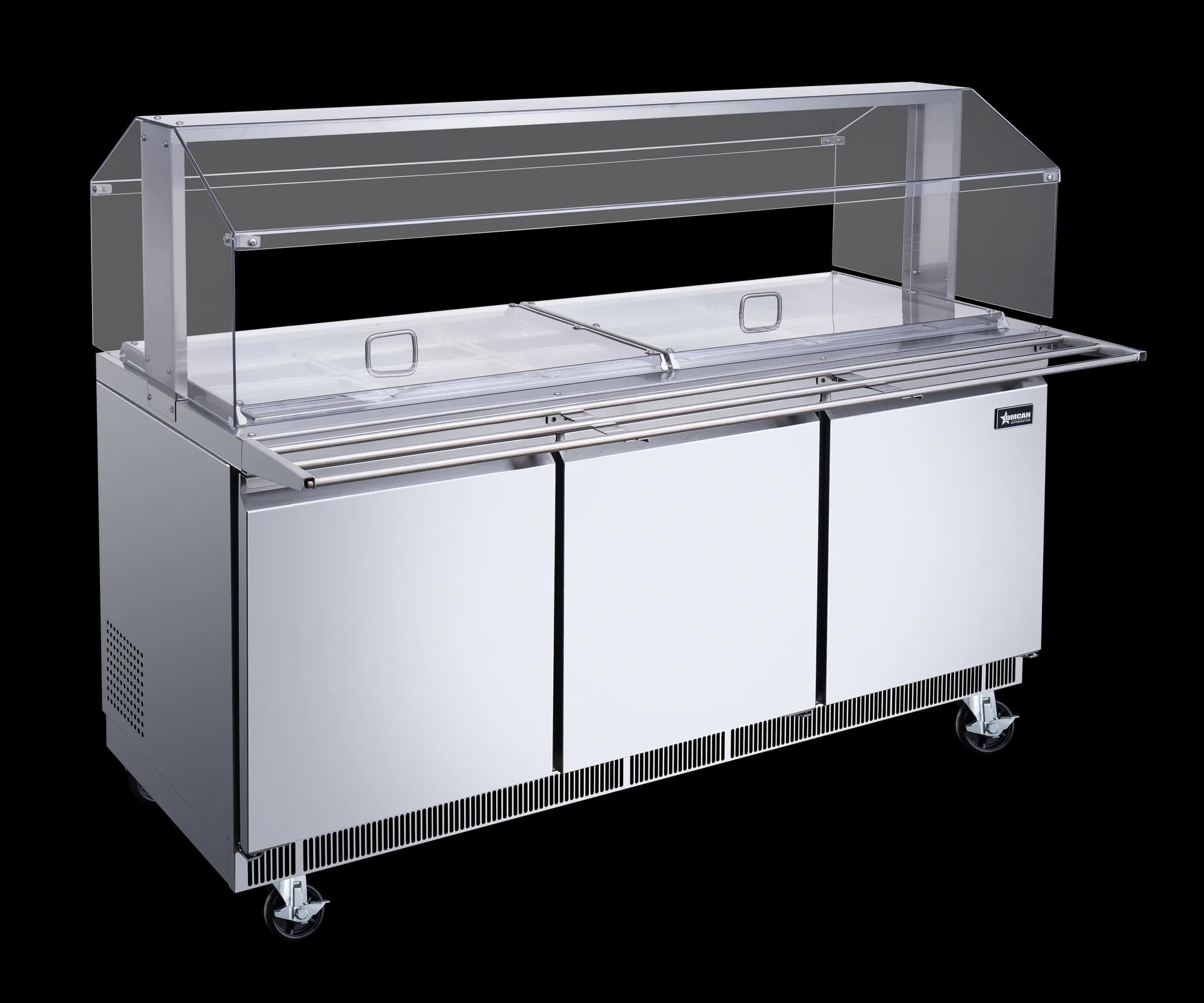 Omcan 50090 Bar à salades / table réfrigérée pour aliments froids de 72″ en acier inoxydable avec pare-haleine, glissière à plateaux et couvercles de bacs