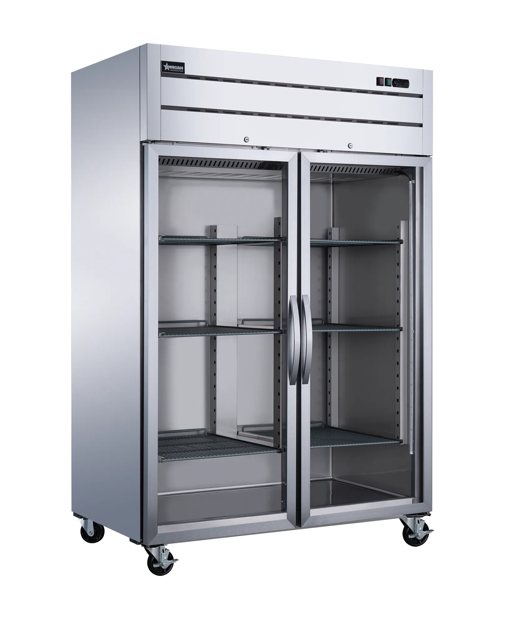 Omcan 50119 Réfrigérateur vertical de 54″ à deux (2) portes vitrées, groupe compresseur en haut, 43,1 pi³ (1 220 L), acier inoxydable