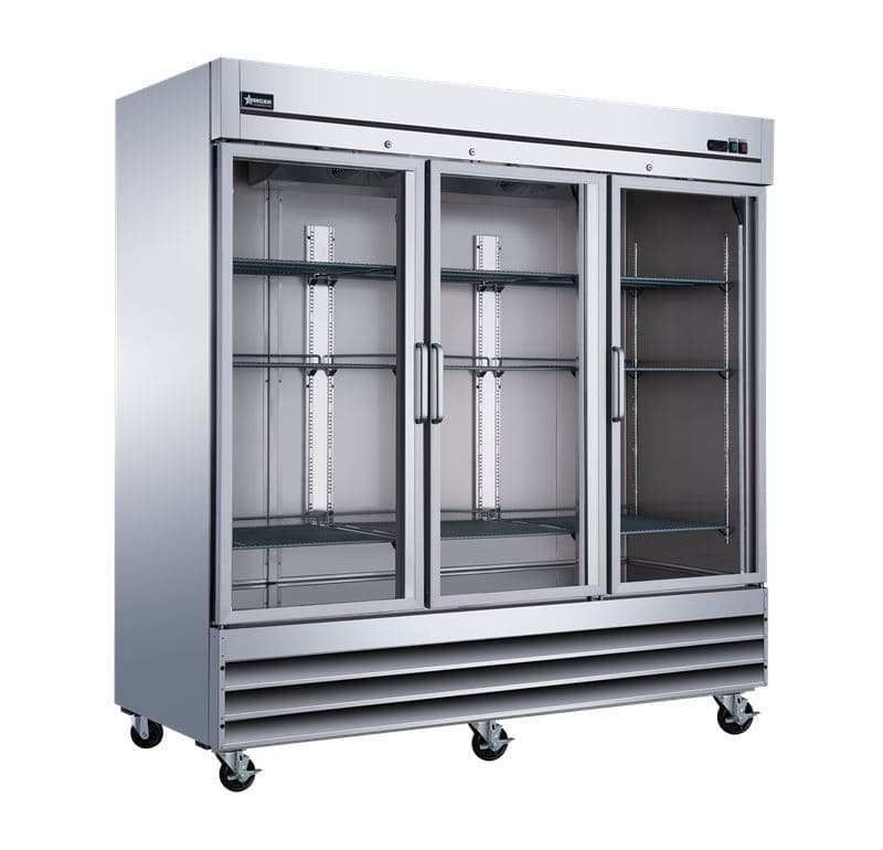 Omcan 51028 Réfrigérateur vertical de 81″ à trois (3) portes vitrées, 72 pi³ (2 024 L), acier inoxydable