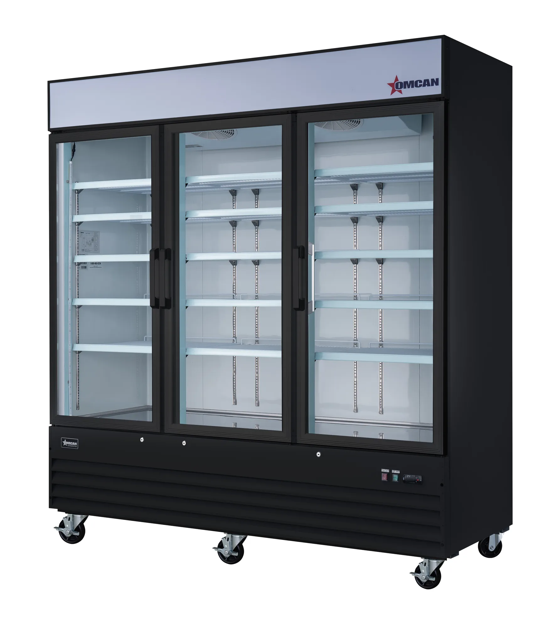 Omcan 51052 Réfrigérateur vitrine de 78″ à trois (3) portes vitrées battantes, 53 pi³ (1 500 L), noir