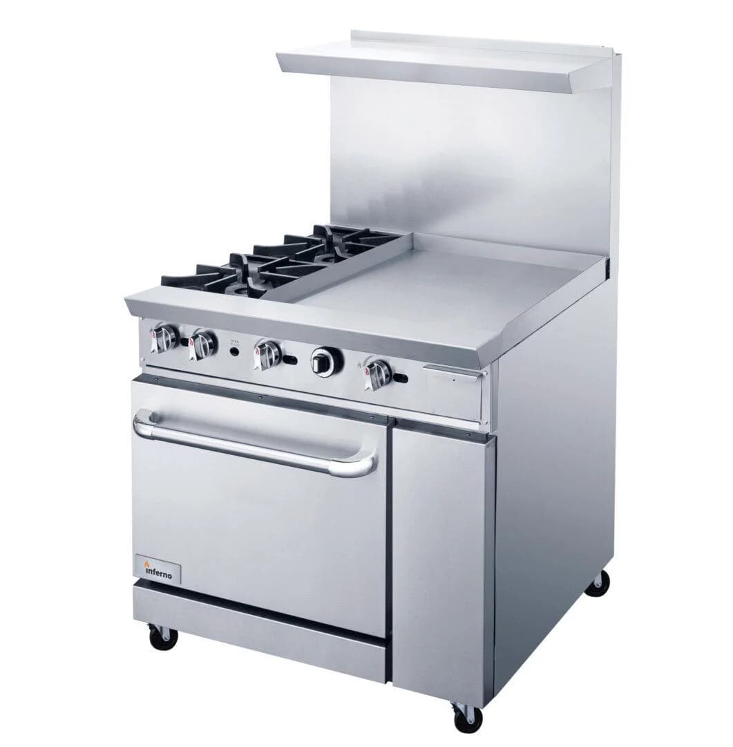36″ Restaurant Gas Range with 2 open burners, 24″ griddle