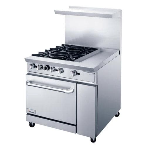 36″ Restaurant Gas Range with 4 open burners, 12″ griddle