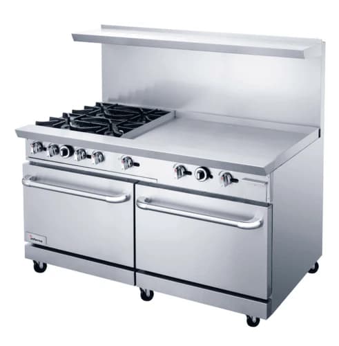 60″ Restaurant Gas Range with 6 open burners, 24″ griddle